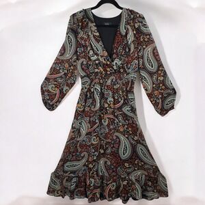 MSK Midi Dress Women Large? Paisley on Black Print Long Sleeve V Neck Ruffle